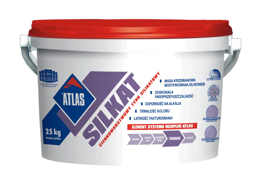 Atlas  SILKAT силикатная белая штукатурка N (шуба) и R(короед) Тонкослойная силикатная штукатурка (352 цвета)