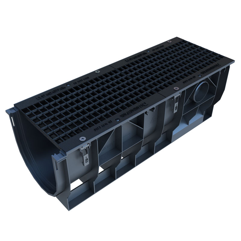 Лоток водоотводный PolyMax Basic ЛВ-30.39.38-ПП пластиковый с решеткой ячеистой чугунной ВЧ кл. С (комплект) 087003