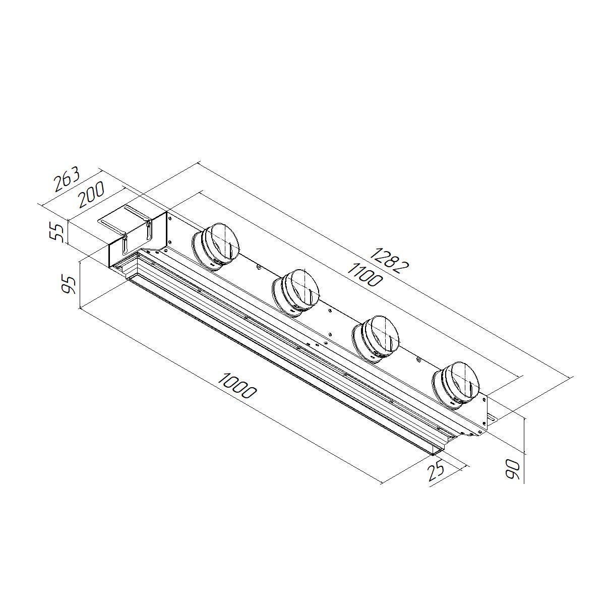 Компактный щелевой диффузор для натяжного потолка с КСД на 4 выхода VPNDU 1000х25/75х4 Provent