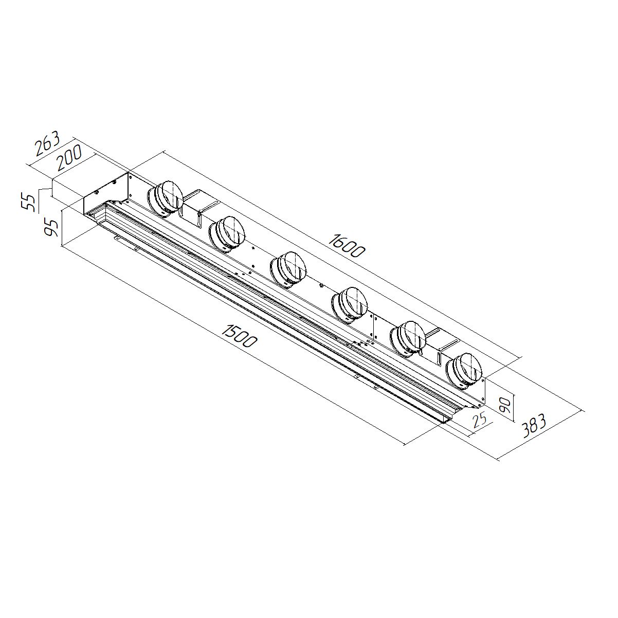 Компактный щелевой диффузор для натяжного потолка с КСД на 6 выходов VPNDU 1500х25/75х6 Provent
