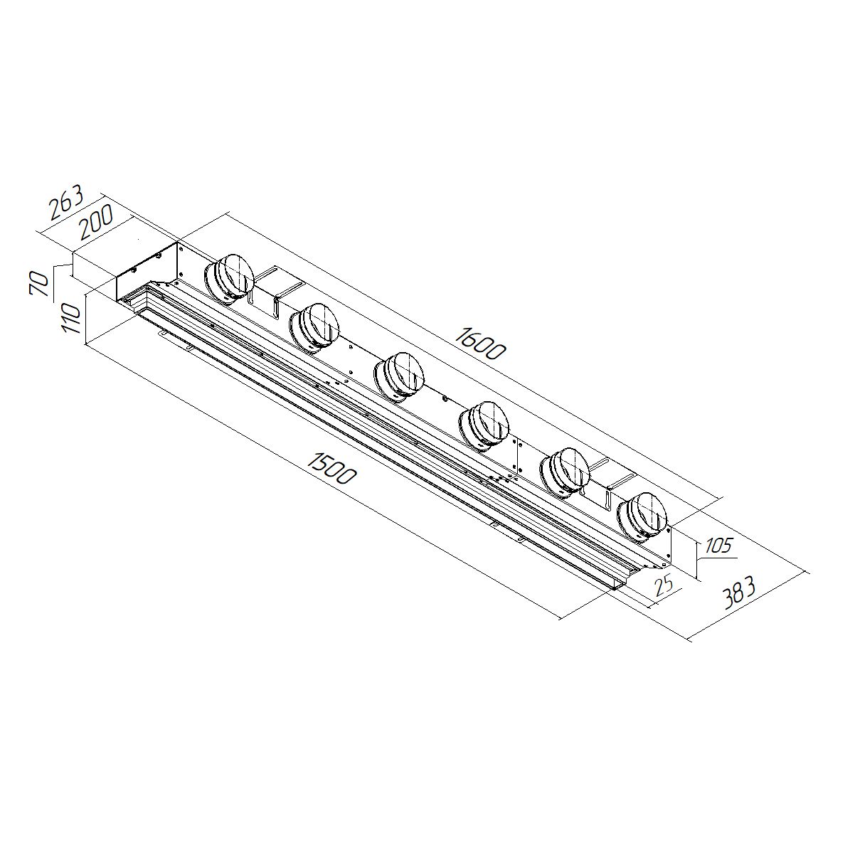 Компактный щелевой диффузор для натяжного потолка с КСД на 6 выходов VPNDU 1500х25/90х6 Provent