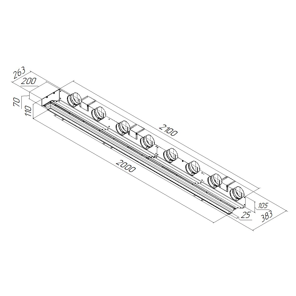 Компактный щелевой диффузор для натяжного потолка с КСД на 8 выходов VPNDU 2000х25/90х8 Provent