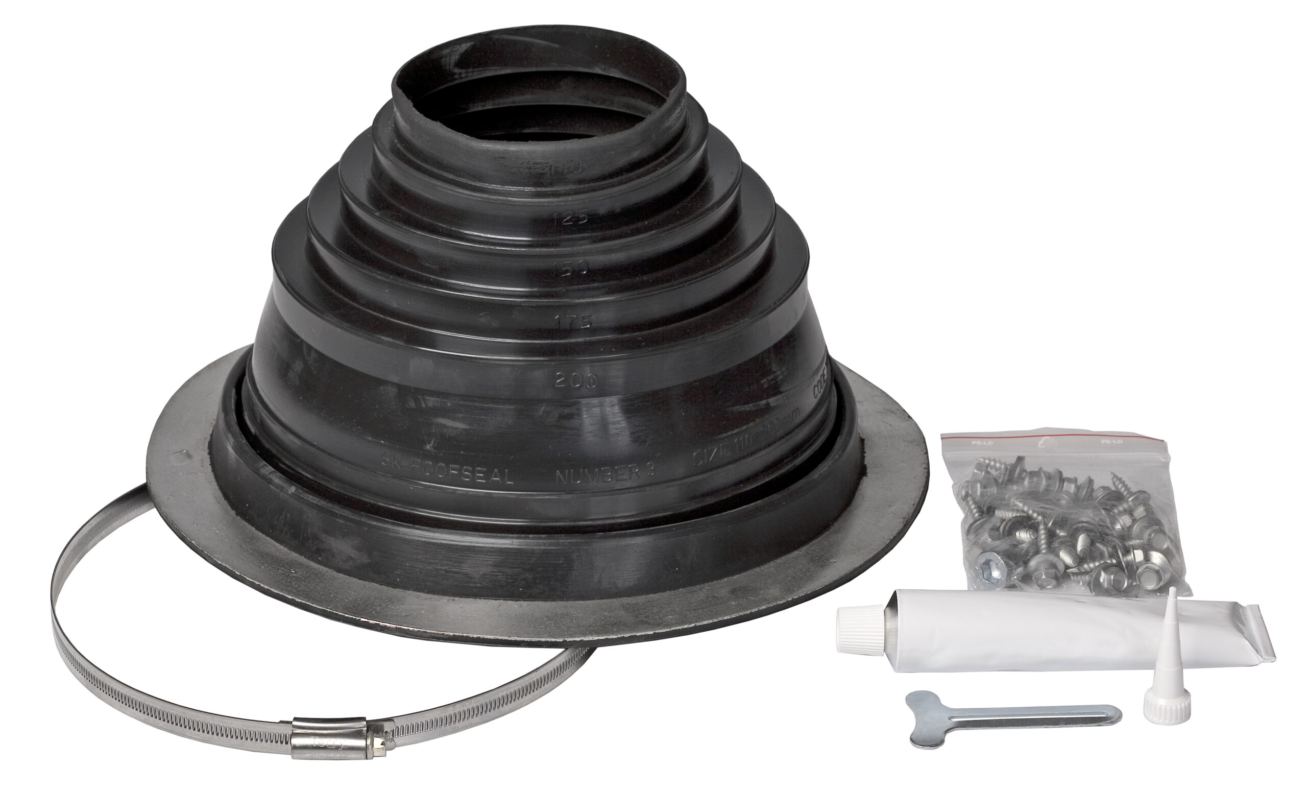 Резиновый уплотнитель для металлических кровель ROOFSEAL-комплект №-3 D 110-200мм (уплотнитель, метал.хомут, шурупы, силикон, инструкция) Vilpe, чёрный