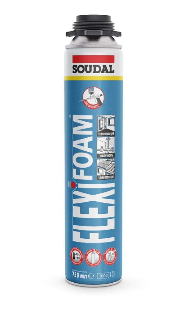 Soudal FlexiFoam 750мл пистолетная монтажная пена, Соудафоам Флекси пена 750мл