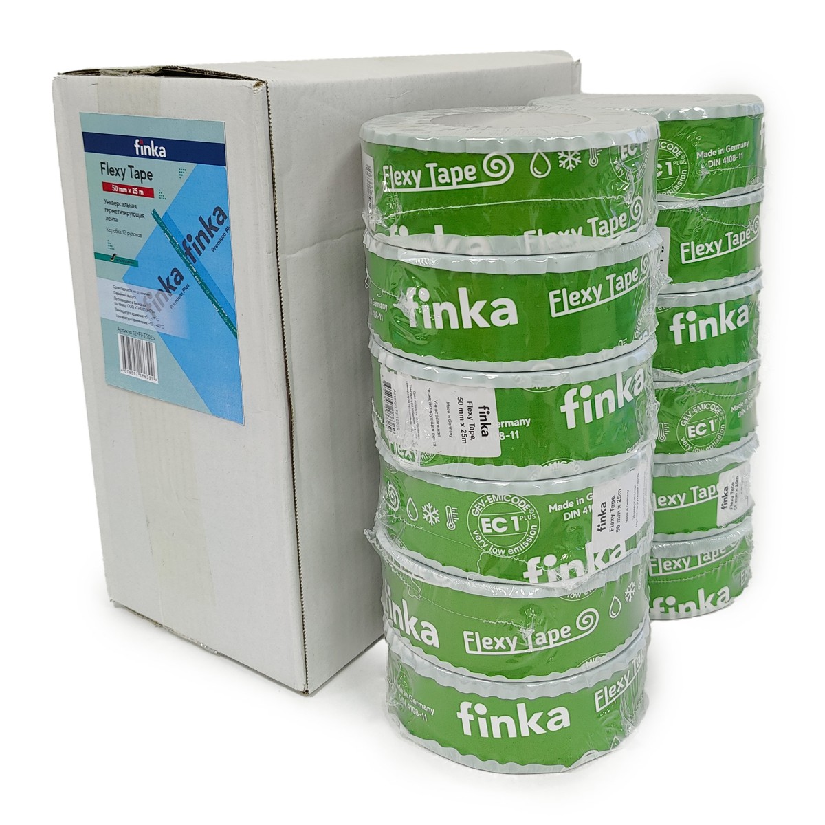 Коробка 12 шт - Скотч односторонний Finka Flexy Tape 50мм х 25м, зелёный