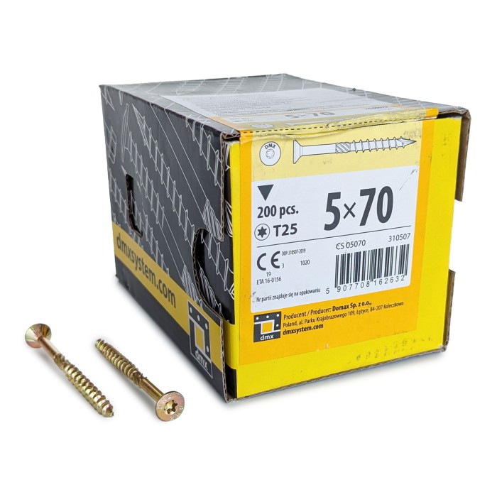 Упаковка шурупов конструкционных Domax CS TX25 5.0x70/40 Желтый цинк, потай 200шт/уп купить в Санкт-Петербурге Упаковка шурупов конструкционных Domax CS TX25 5.0x70/40 Желтый цинк, потай 200шт/уп