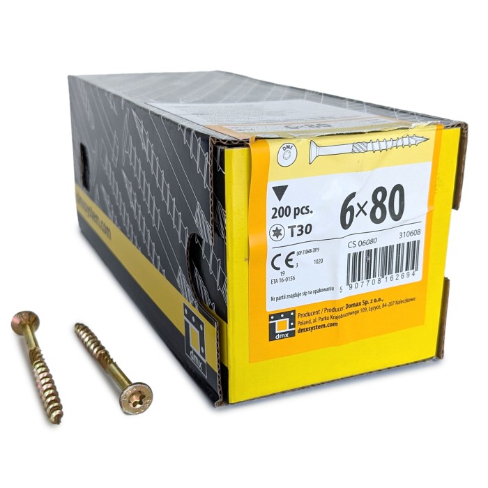 Упаковка шурупов конструкционных Domax CS TX30 6.0x80/40 Желтый цинк, потай 200шт/уп купить в Санкт-Петербурге Упаковка шурупов конструкционных Domax CS TX30 6.0x80/40 Желтый цинк, потай 200шт/уп