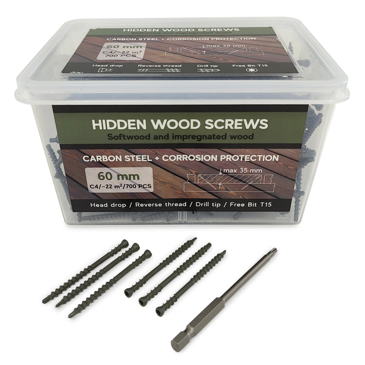 Упаковка саморезов (скрытый крепеж) Hidden Wood Screws С4 60мм 700шт/уп, серый купить в Санкт-Петербурге Упаковка саморезов (скрытый крепеж) Hidden Wood Screws С4 60мм 700шт/уп, серый