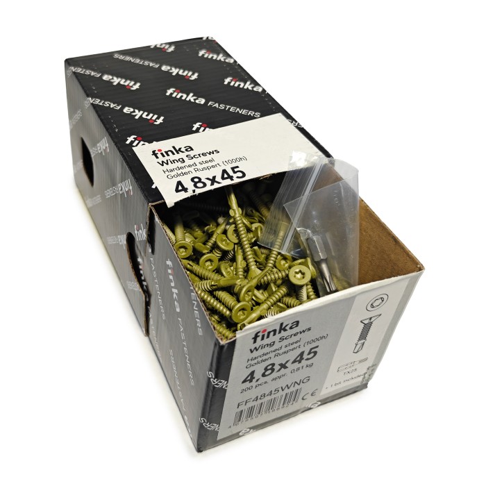 Упаковка шурупов флюгельных Finka Wing Screws 4.8x45TX25 Golden Ruspert 200шт/уп купить в Москве Упаковка шурупов флюгельных Finka Wing Screws 4.8x45TX25 Golden Ruspert 200шт/уп