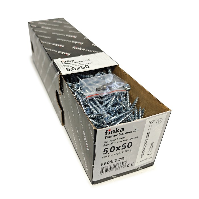 Упаковка шурупов конструкционных FINKA Timber Screws CS TX25 5.0х50 голубой цинк потай 500шт/уп купить в Москве Упаковка шурупов конструкционных FINKA Timber Screws CS TX25 5.0х50 голубой цинк потай 500шт/уп