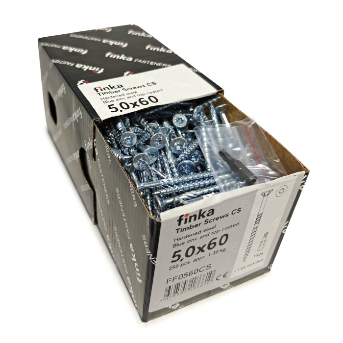 Упаковка шурупов конструкционных Finka Timber Screws CS 5.0x60TX25 голубой цинк, потай 250шт/уп купить в Москве Упаковка шурупов конструкционных Finka Timber Screws CS 5.0x60TX25 голубой цинк, потай 250шт/уп