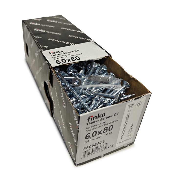 Упаковка шурупов конструкционных Finka Timber Screws CS 6.0x80TX30 голубой цинк, потай 200шт/уп купить в Москве Упаковка шурупов конструкционных Finka Timber Screws CS 6.0x80TX30 голубой цинк, потай 200шт/уп