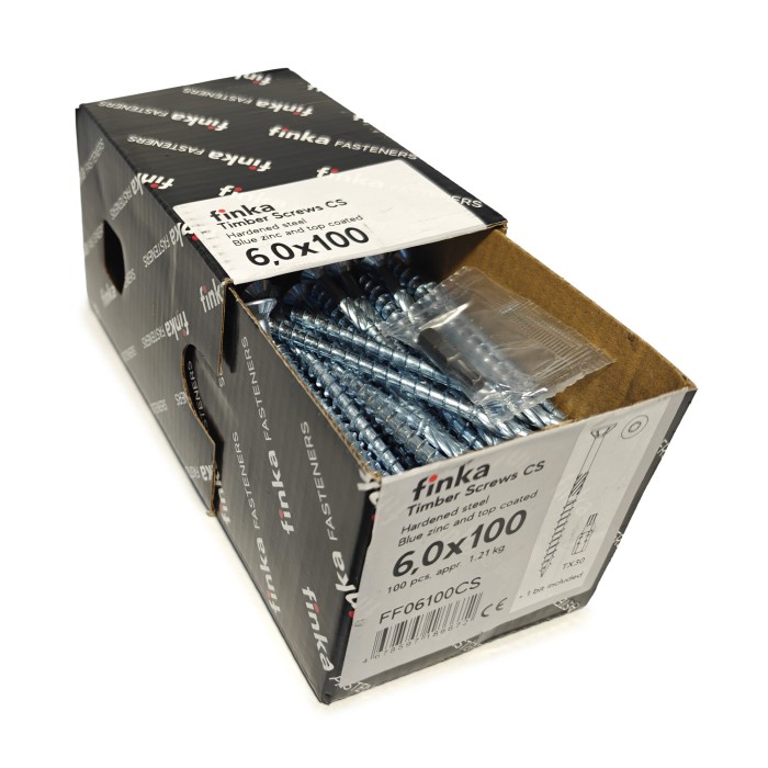 Упаковка шурупов конструкционных Finka Timber Screws CS 6.0x100TX30 голубой цинк, потай 100шт/уп купить в Москве Упаковка шурупов конструкционных Finka Timber Screws CS 6.0x100TX30 голубой цинк, потай 100шт/уп