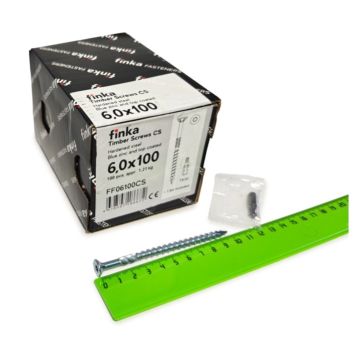 Упаковка шурупов конструкционных Finka Timber Screws CS 6.0x100TX30 голубой цинк, потай 100шт/уп купить в Москве Упаковка шурупов конструкционных Finka Timber Screws CS 6.0x100TX30 голубой цинк, потай 100шт/уп
