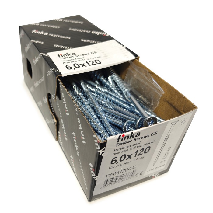 Упаковка шурупов конструкционных Finka Timber Screws CS 6.0x120TX30 голубой цинк, потай 100шт/уп купить в Москве Упаковка шурупов конструкционных Finka Timber Screws CS 6.0x120TX30 голубой цинк, потай 100шт/уп