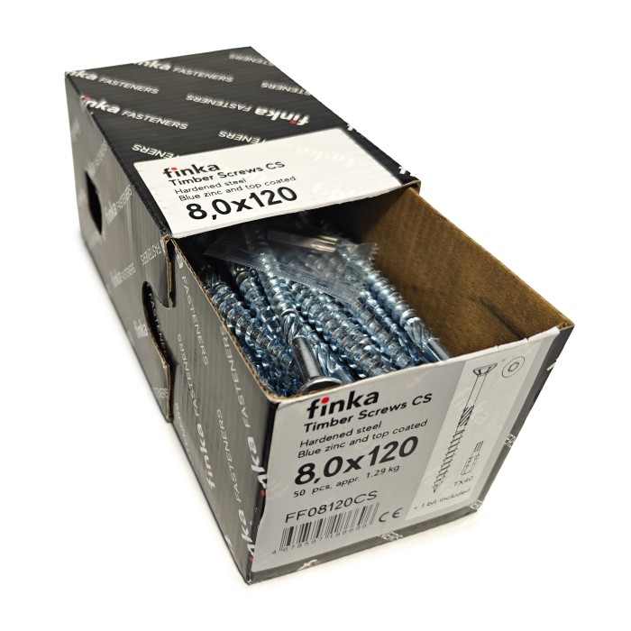 Упаковка шурупов конструкционных Finka Timber Screws CS 8.0x120TX40 голубой цинк, потай 50шт/уп купить в Москве Упаковка шурупов конструкционных Finka Timber Screws CS 8.0x120TX40 голубой цинк, потай 50шт/уп