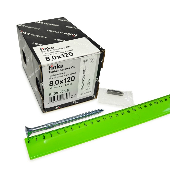 Упаковка шурупов конструкционных Finka Timber Screws CS 8.0x120TX40 голубой цинк, потай 50шт/уп купить в Москве Упаковка шурупов конструкционных Finka Timber Screws CS 8.0x120TX40 голубой цинк, потай 50шт/уп