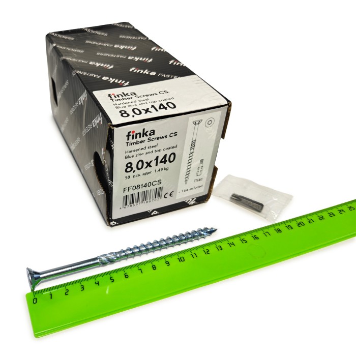 Упаковка шурупов конструкционных Finka Timber Screws CS 8.0x140TX40 голубой цинк, потай 50шт/уп купить в Москве Упаковка шурупов конструкционных Finka Timber Screws CS 8.0x140TX40 голубой цинк, потай 50шт/уп