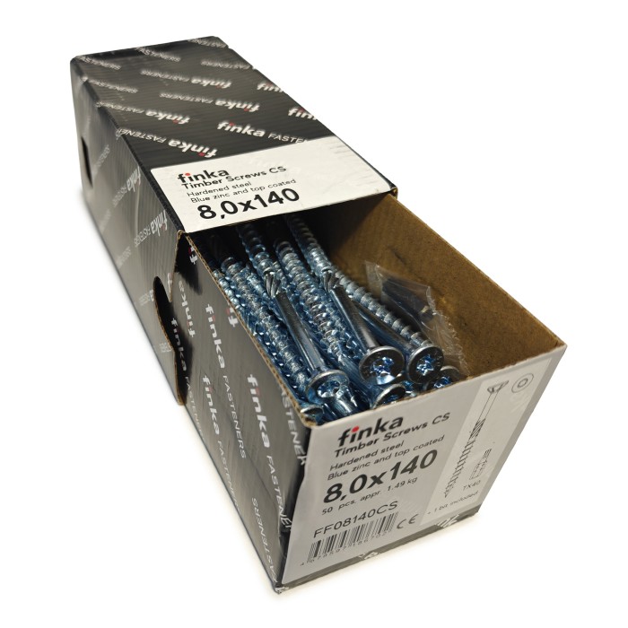 Упаковка шурупов конструкционных Finka Timber Screws CS 8.0x140TX40 голубой цинк, потай 50шт/уп купить в Москве Упаковка шурупов конструкционных Finka Timber Screws CS 8.0x140TX40 голубой цинк, потай 50шт/уп