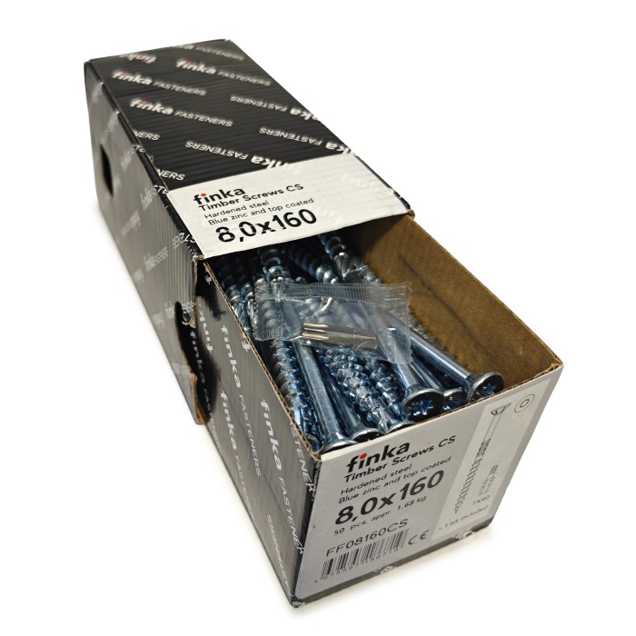 Упаковка шурупов конструкционных Finka Timber Screws CS 8.0x160TX40 голубой цинк, потай 50шт/уп купить в Москве Упаковка шурупов конструкционных Finka Timber Screws CS 8.0x160TX40 голубой цинк, потай 50шт/уп