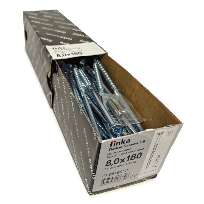 Упаковка шурупов конструкционных Finka Timber Screws CS 8.0x180TX40 голубой цинк, потай 50шт/уп