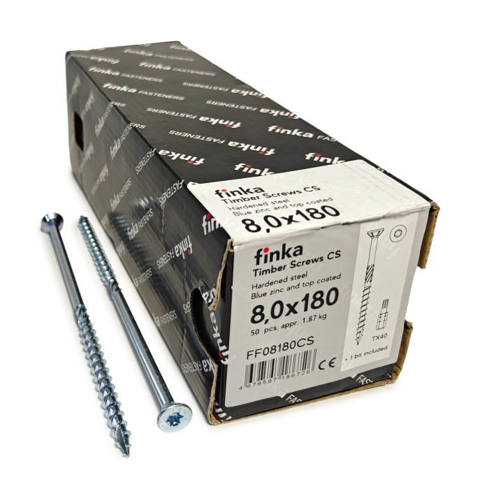 Упаковка шурупов конструкционных Finka Timber Screws CS 8.0x180TX40 голубой цинк, потай 50шт/уп, Упаковка шурупов конструкционных Finka Timber Screws CS 8.0x180TX40 голубой цинк, потай 50шт/уп