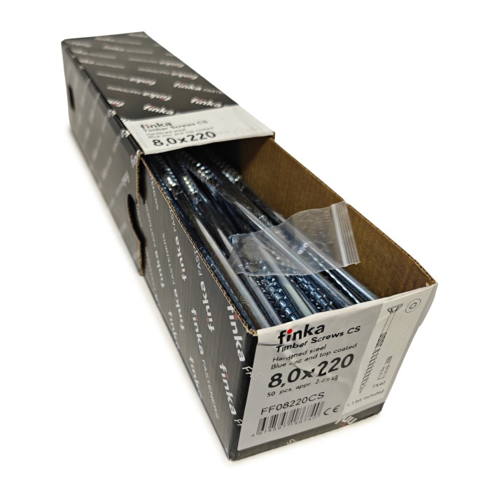 Упаковка шурупов конструкционных Finka Timber Screws CS 8.0x220TX40 голубой цинк, потай 50шт/уп