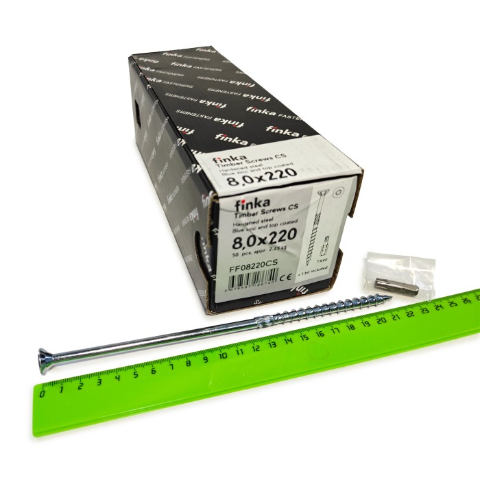 Упаковка шурупов конструкционных Finka Timber Screws CS 8.0x220TX40 голубой цинк, потай 50шт/уп