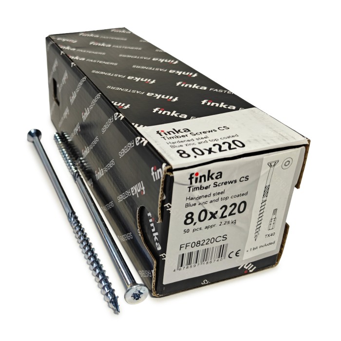 Упаковка шурупов конструкционных Finka Timber Screws CS 8.0x220TX40 голубой цинк, потай 50шт/уп, Упаковка шурупов конструкционных Finka Timber Screws CS 8.0x220TX40 голубой цинк, потай 50шт/уп
