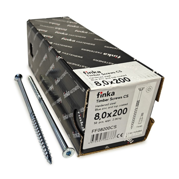 Упаковка шурупов конструкционных Finka Timber Screws CS 8.0x200TX40 голубой цинк, потай 50шт/уп, Упаковка шурупов конструкционных Finka Timber Screws CS 8.0x200TX40 голубой цинк, потай 50шт/уп
