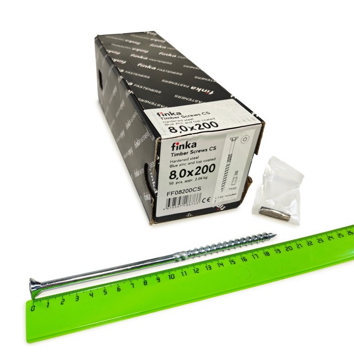 Упаковка шурупов конструкционных Finka Timber Screws CS 8.0x200TX40 голубой цинк, потай 50шт/уп
