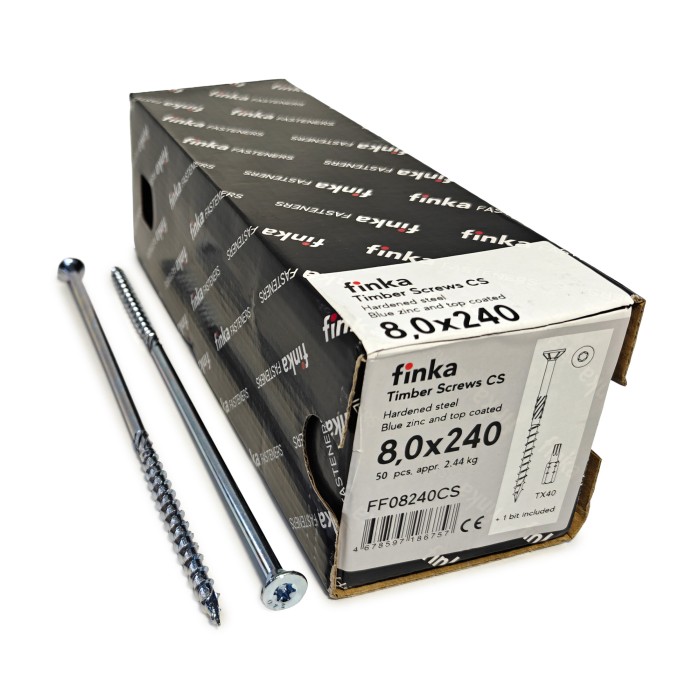 Упаковка шурупов конструкционных Finka Timber Screws CS 8.0x240TX40 голубой цинк, потай 50шт/уп, Упаковка шурупов конструкционных Finka Timber Screws CS 8.0x240TX40 голубой цинк, потай 50шт/уп