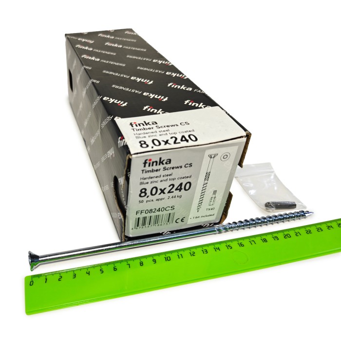 Упаковка шурупов конструкционных Finka Timber Screws CS 8.0x240TX40 голубой цинк, потай 50шт/уп