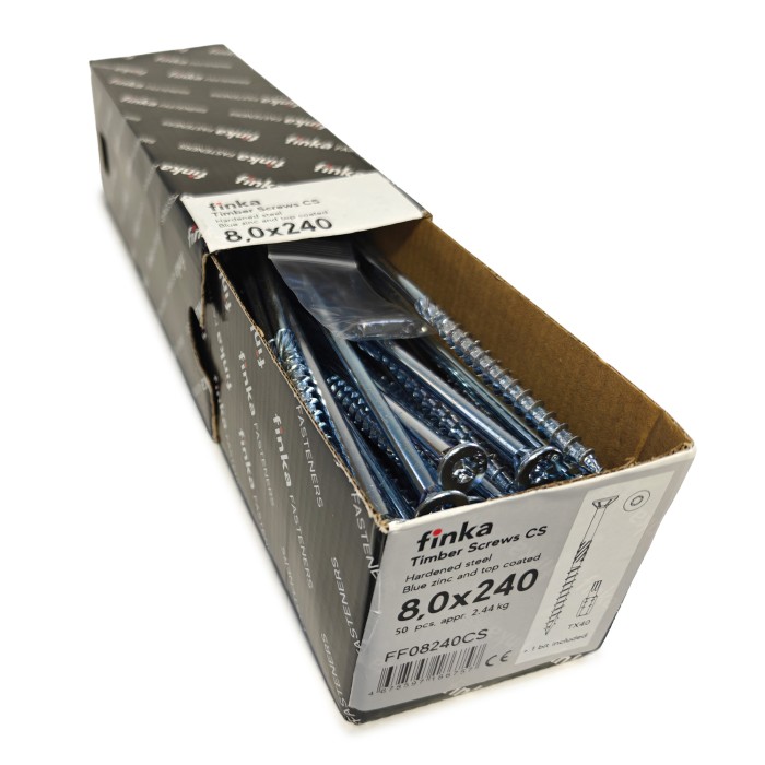 Упаковка шурупов конструкционных Finka Timber Screws CS 8.0x240TX40 голубой цинк, потай 50шт/уп