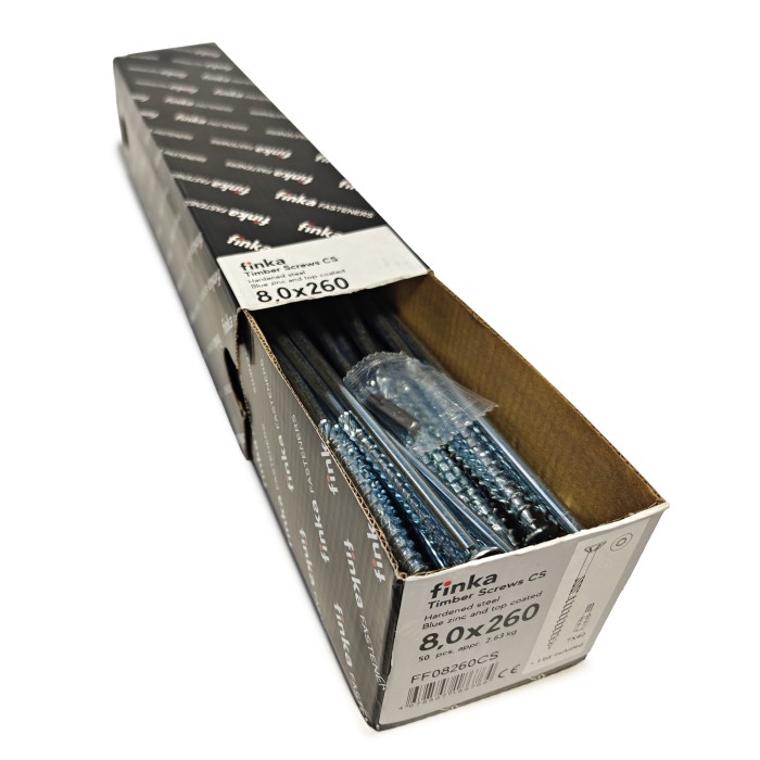 Упаковка шурупов конструкционных Finka Timber Screws CS 8.0x260TX40 голубой цинк, потай 50шт/уп