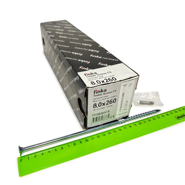 Упаковка шурупов конструкционных Finka Timber Screws CS 8.0x260TX40 голубой цинк, потай 50шт/уп