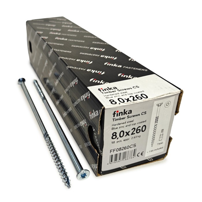 Упаковка шурупов конструкционных Finka Timber Screws CS 8.0x260TX40 голубой цинк, потай 50шт/уп, Упаковка шурупов конструкционных Finka Timber Screws CS 8.0x260TX40 голубой цинк, потай 50шт/уп