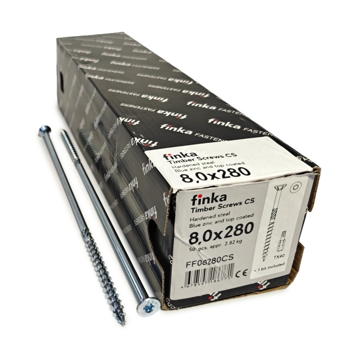 Упаковка шурупов конструкционных Finka Timber Screws CS 8.0x280TX40 голубой цинк, потай 50шт/уп, Упаковка шурупов конструкционных Finka Timber Screws CS 8.0x280TX40 голубой цинк, потай 50шт/уп