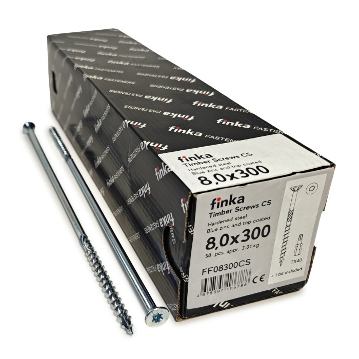 Упаковка шурупов конструкционных Finka Timber Screws CS 8.0x300TX40 голубой цинк, потай 50шт/уп, Упаковка шурупов конструкционных Finka Timber Screws CS 8.0x300TX40 голубой цинк, потай 50шт/уп