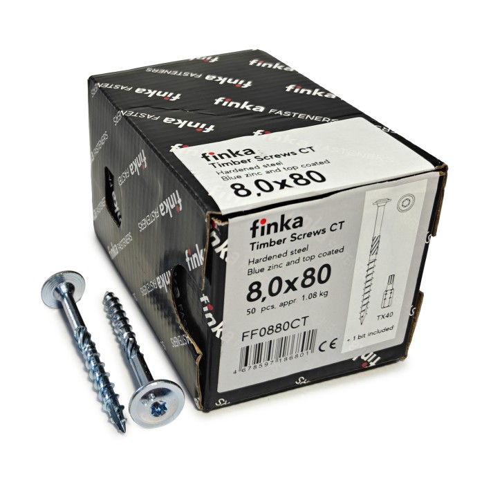 Упаковка шурупов конструкционных Finka Timber Screws CT 8.0x80TX40 голубой цинк, тарелка 50шт/уп, Упаковка шурупов конструкционных Finka Timber Screws CT 8.0x80TX40 голубой цинк, тарелка 50шт/уп