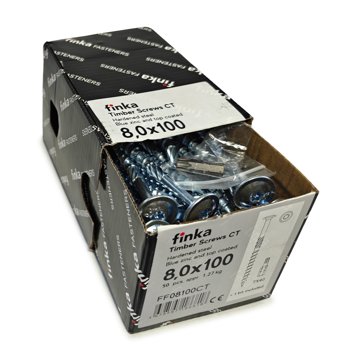 Упаковка шурупов конструкционных FINKA Timber Screws CT TX40 8.0х100 голубой цинк тарелка 50шт/уп купить в Москве Упаковка шурупов конструкционных FINKA Timber Screws CT TX40 8.0х100 голубой цинк тарелка 50шт/уп