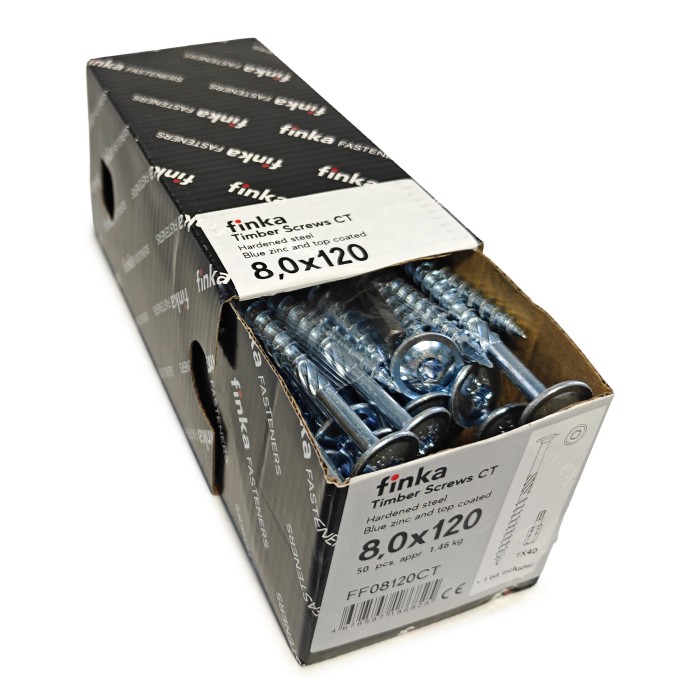 Упаковка шурупов конструкционных FINKA Timber Screws CT TX40 8.0х120 голубой цинк тарелка 50шт/уп купить в Москве Упаковка шурупов конструкционных FINKA Timber Screws CT TX40 8.0х120 голубой цинк тарелка 50шт/уп