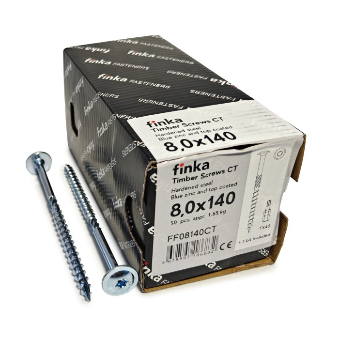 Упаковка шурупов конструкционных Finka Timber Screws CT 8.0x140TX40 голубой цинк, тарелка 50шт/уп, Упаковка шурупов конструкционных Finka Timber Screws CT 8.0x140TX40 голубой цинк, тарелка 50шт/уп