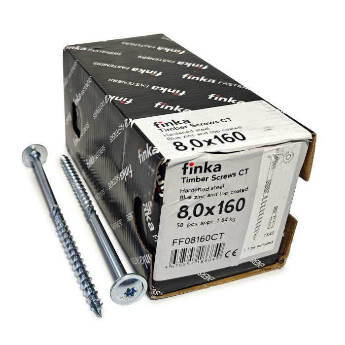 Упаковка шурупов конструкционных Finka Timber Screws CT 8.0x160TX40 голубой цинк, тарелка 50шт/уп, Упаковка шурупов конструкционных Finka Timber Screws CT 8.0x160TX40 голубой цинк, тарелка 50шт/уп