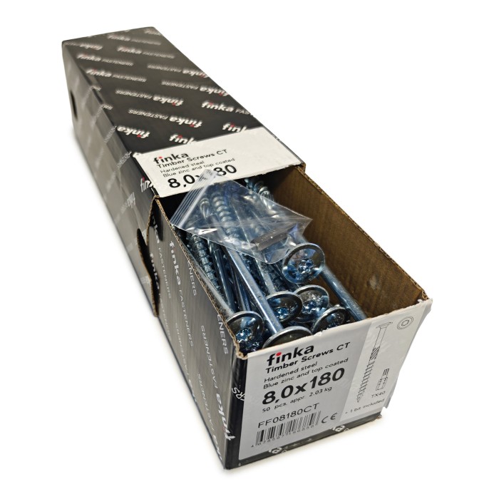 Упаковка шурупов конструкционных Finka Timber Screws CT 8.0x180TX40 голубой цинк, тарелка 50шт/уп