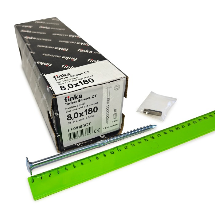 Упаковка шурупов конструкционных Finka Timber Screws CT 8.0x180TX40 голубой цинк, тарелка 50шт/уп