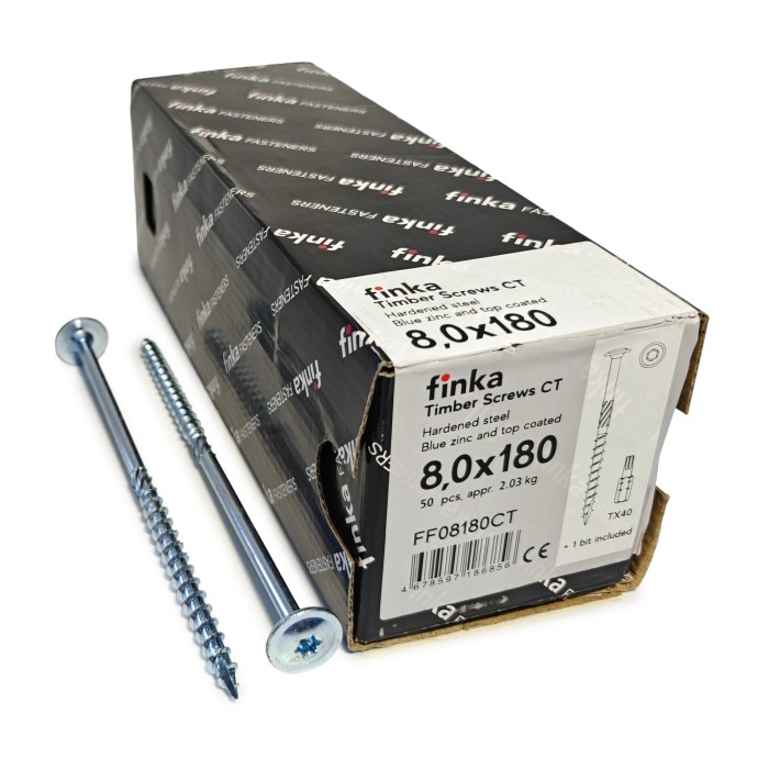 Упаковка шурупов конструкционных Finka Timber Screws CT 8.0x180TX40 голубой цинк, тарелка 50шт/уп, Упаковка шурупов конструкционных Finka Timber Screws CT 8.0x180TX40 голубой цинк, тарелка 50шт/уп