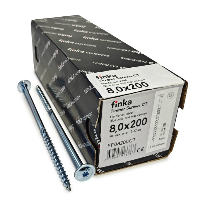 Упаковка шурупов конструкционных Finka Timber Screws CT 8.0x200TX40 голубой цинк, тарелка 50шт/уп, Упаковка шурупов конструкционных Finka Timber Screws CT 8.0x200TX40 голубой цинк, тарелка 50шт/уп