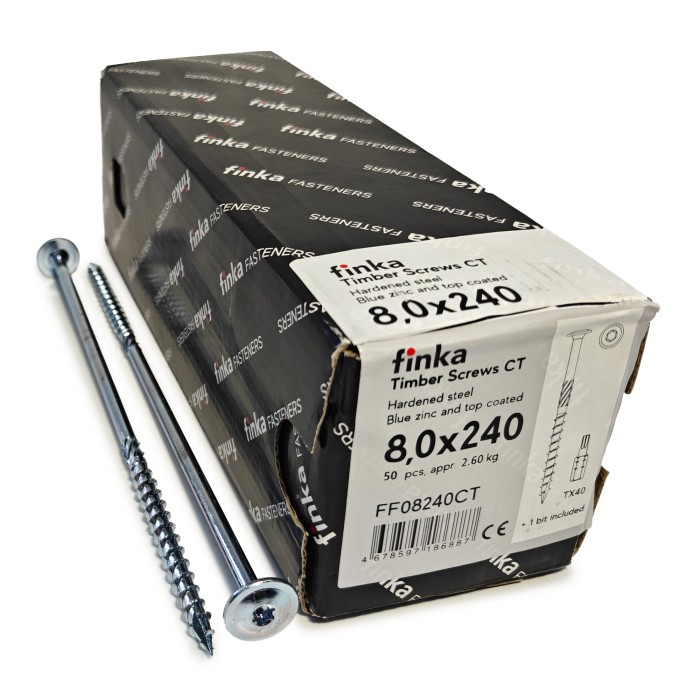 Упаковка шурупов конструкционных Finka Timber Screws CT 8.0x240TX40 голубой цинк, тарелка 50шт/уп, Упаковка шурупов конструкционных Finka Timber Screws CT 8.0x240TX40 голубой цинк, тарелка 50шт/уп
