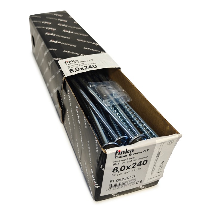 Упаковка шурупов конструкционных Finka Timber Screws CT 8.0x240TX40 голубой цинк, тарелка 50шт/уп